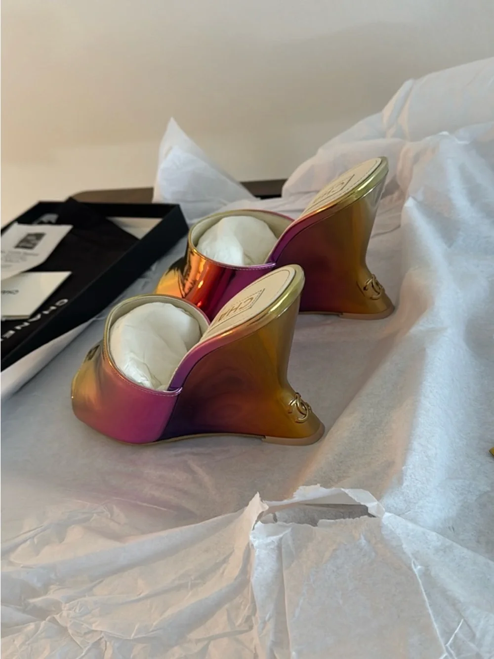 CHANEL Laminated Calfskin Wedge Mules 37.5 Pink Orange Yellow Multicolor CC logo